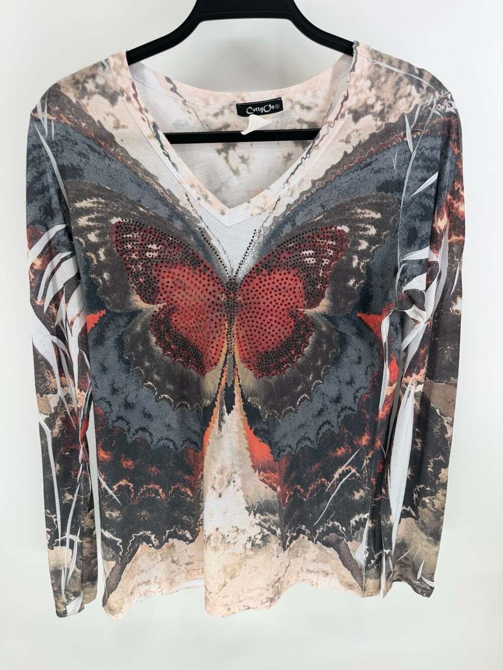 Cotty On Rhinestone Butterfly Long Sleeve Top Size XL Y2K Fairy Grunge